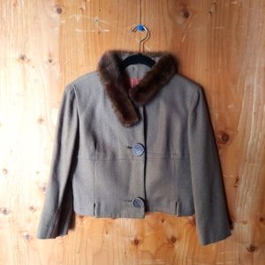 Kennie Orginal Vintage Brown Knit & Mink Collared Cropped Jacket